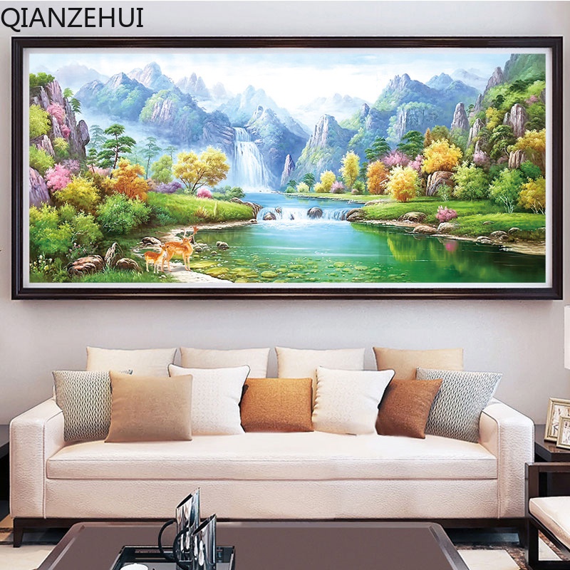 Bộ Tranh Thêu Chữ Thập diy 11ct Hình Phong Cảnh Núi Xanh Và Nước Xanh Lá Bằng cotton