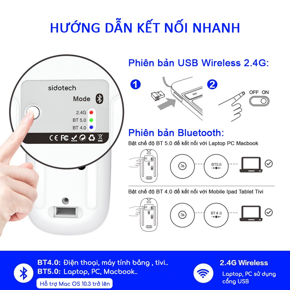 Chuột không dây máy tính bluetooth sạc pin SIDOTECH YINDIAO M2S không tiếng ồn slient tắt âm pin sạc 1 lần dùng 4 tuần