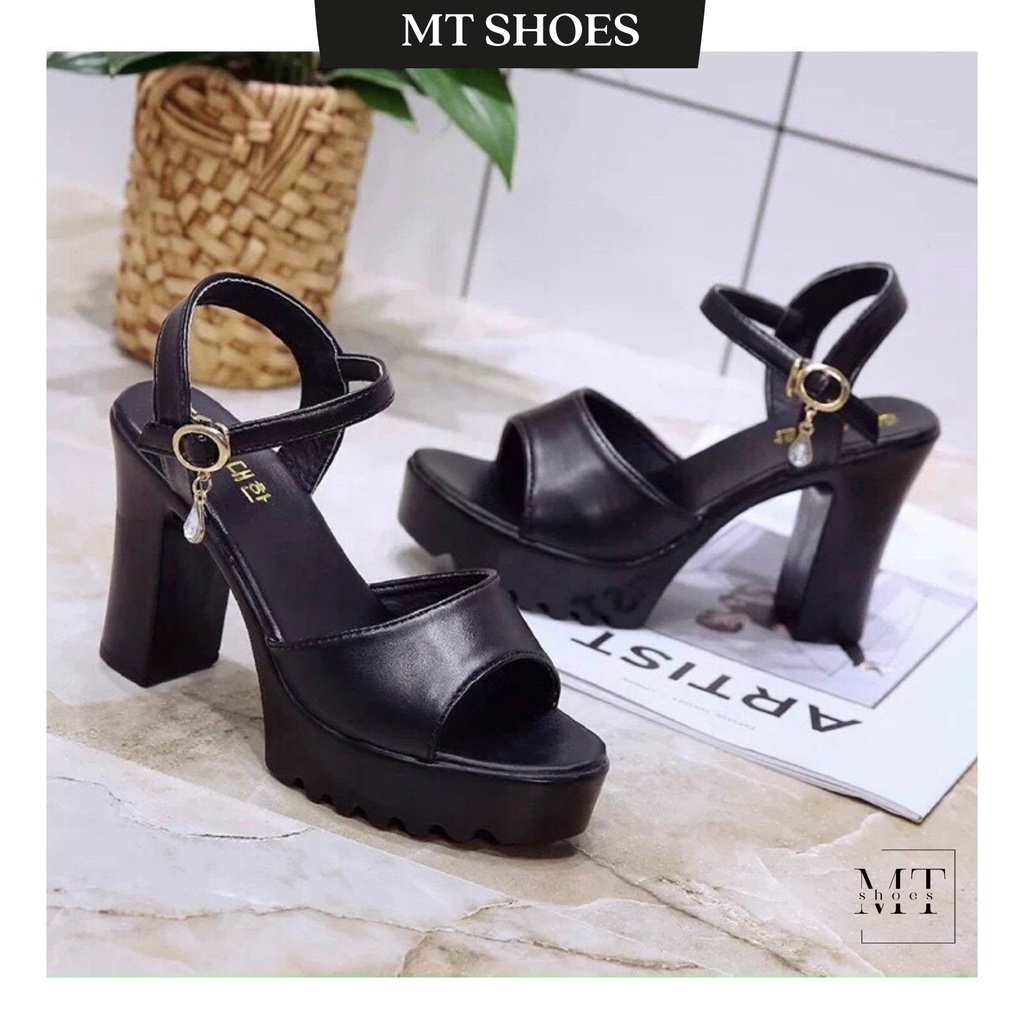 Sandal đế thô quai ngang cao 9 phân chất da chuẩn đẹp siêu nhẹ gót vuông quai phối hạt đá kiểu dáng Hàn Quốc