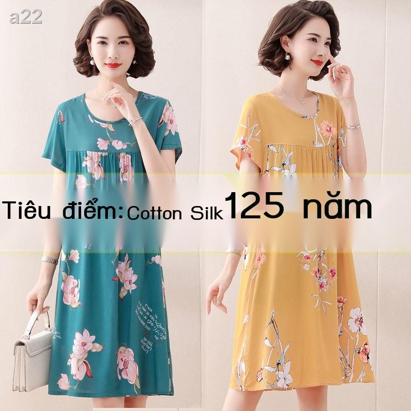 ✙☁Người trung niên và lớn tuổi váy ngủ cotton lụa của phụ nữ mùa hè đồ rayon dài cỡ mặc ở nhà quần áo mẹ