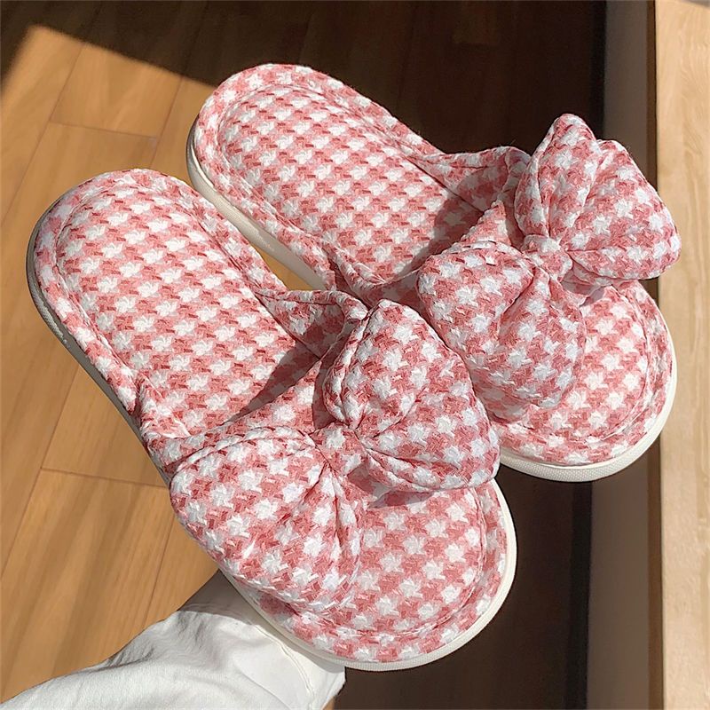 Oeteo Dép cotton Lanh Đi Trong Nhà Đế Dày Thắt Nơ Kẻ Sọc Cho Nữ