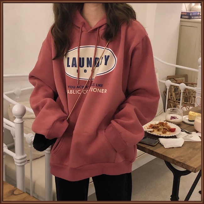 Áo Hoodie Lông Cừu Dày Dáng Chữ A Tay Dài In Chữ Thời Trang Cho Bạn Gái