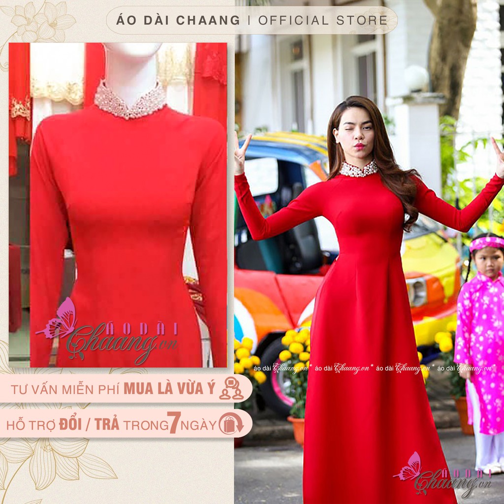 Áo Dài Đỏ Truyền Thống May Sẵn Thiết Kế Đính Tủa Cổ Phủ Ngọc Đẹp Cao Cấp