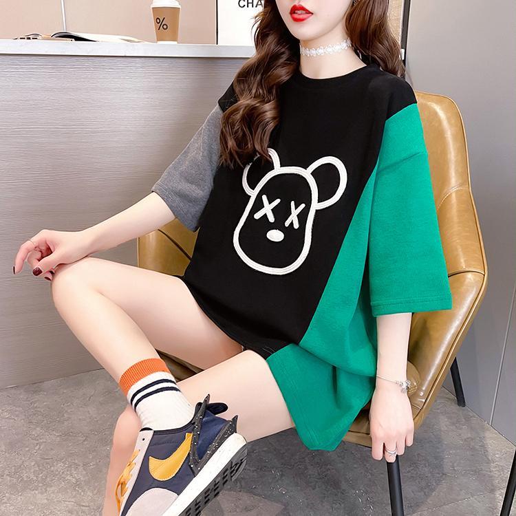 Áo Thun Tay Ngắn Cổ Tròn Dáng Rộng Màu Sắc Tương Phản Thời Trang Mùa Hè Cho Nữ