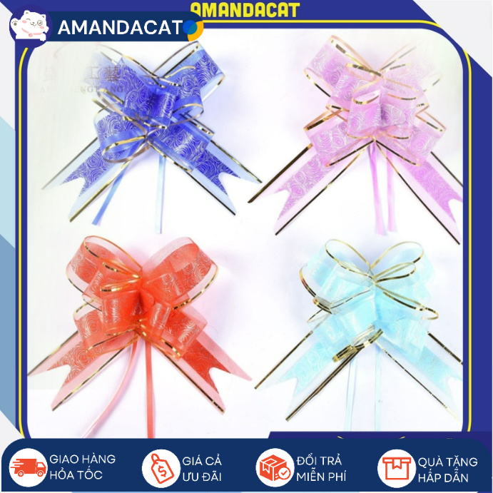 Ruy Băng Rút Nơ Gói Qùa Viền Kim Tuyết Cao Cấp 10 Bông, Nơ Rút Gói Qùa Đường Kính 5cm, Nơ Gói Qùa Cao Cấp