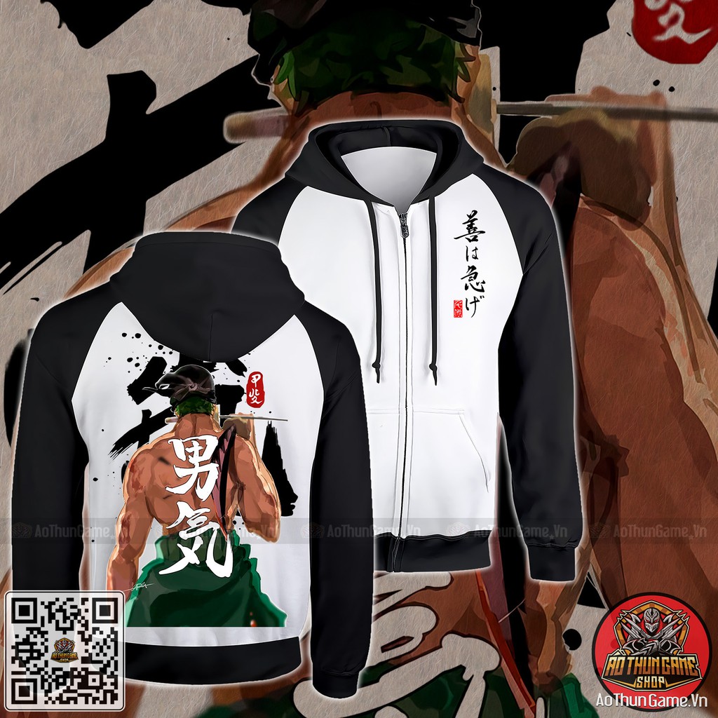 Áo khoác One Piece Zoro K11 mẫu mới cực đẹp có size bé cho trẻ em / Áo khoác hoodie 3D Đen Trắng (AoThunGameVn)