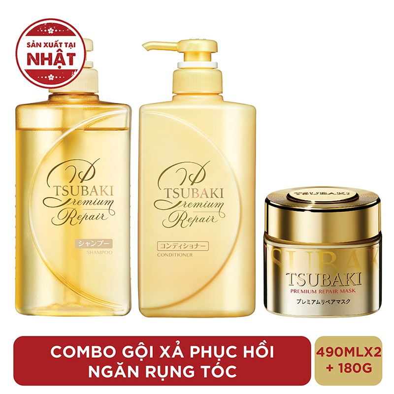 Combo gội xả Phục hồi ngăn rụng tóc Premium Repair  và Mặt nạ tóc phục hồi hư tổn Tsubaki
