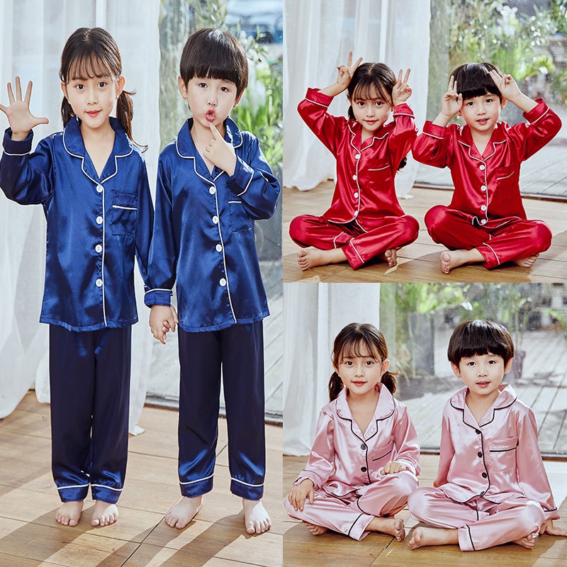 Chất lượng TEL▤▣Bộ đồ ngủ tay dài giả lụa thoáng mát xinh xắn cho bé