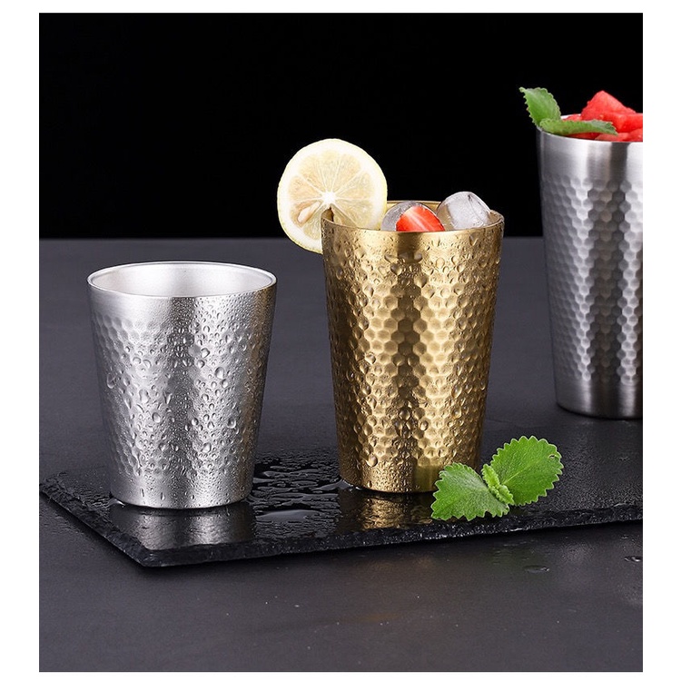 Cốc Uống Bia/Nước Ép Bằng Thép Không Gỉ 304 Họa Tiết Kim Cương Hai Lớp Màu Vàng Đồng Phong Cách Hàn Quốc Dùng Trong Nhà Hàng
