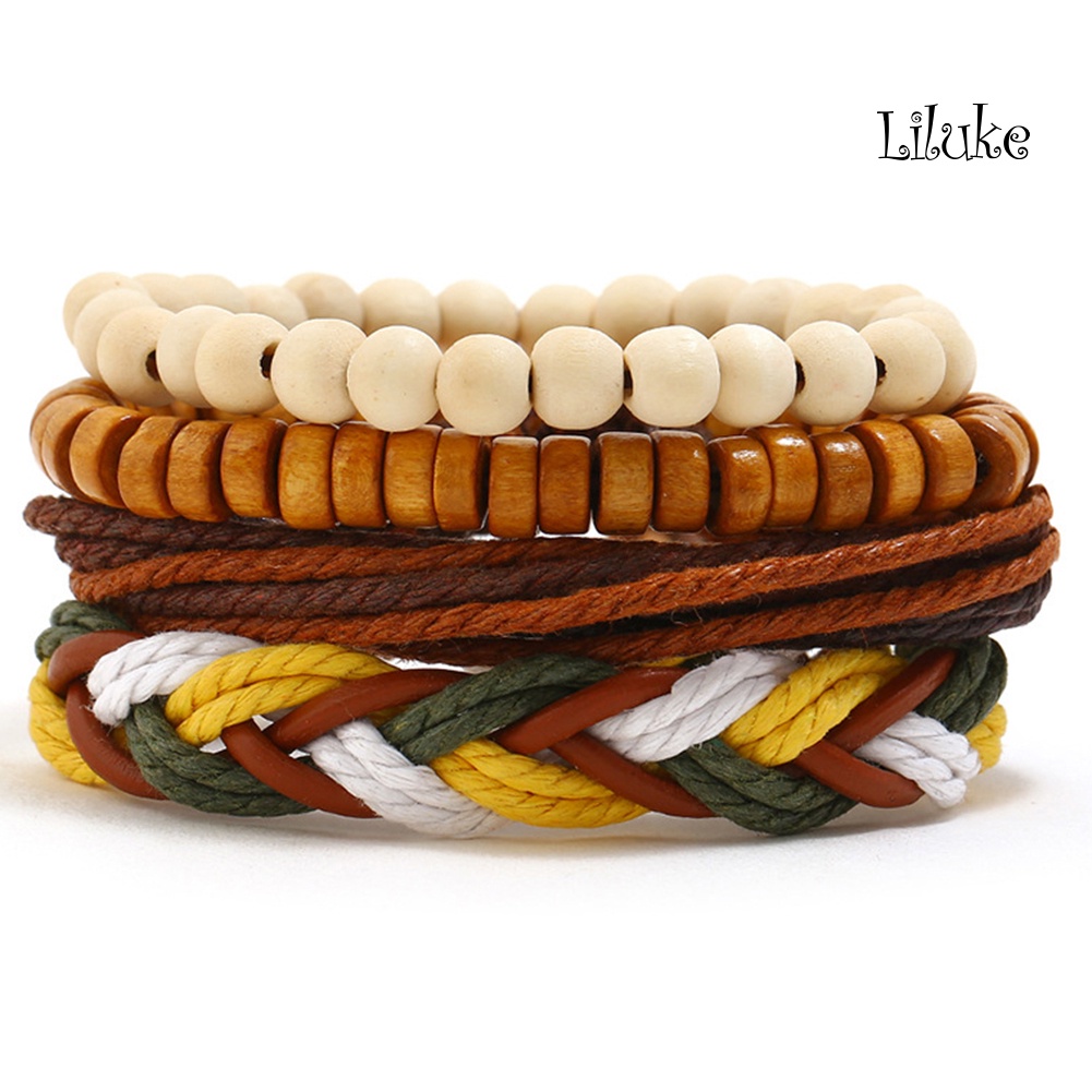 Bộ 4 Vòng Tay Dây Bện Giả Da Trang Trí Hạt Gỗ Phong Cách Cổ Điển Cho Nữ