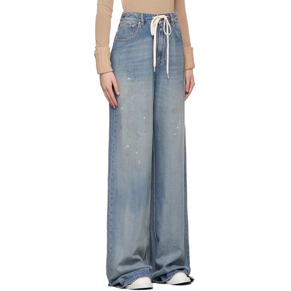 Quần Jennie Jeans Ống Suông Rộng Chun Ẩn Xanh Retro Tôn Dáng