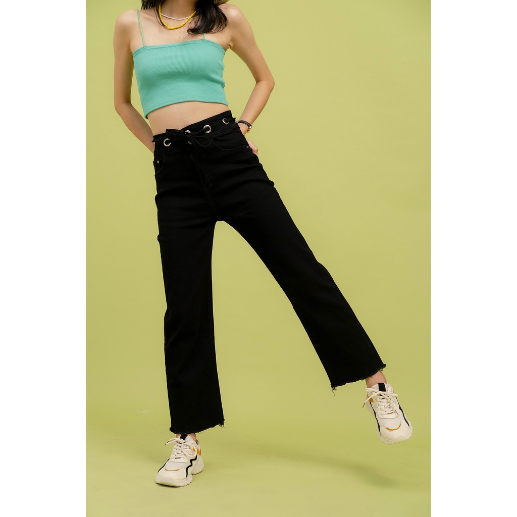Quần jeans ống suôn màu đen đai thắt dây LENclothing 8178