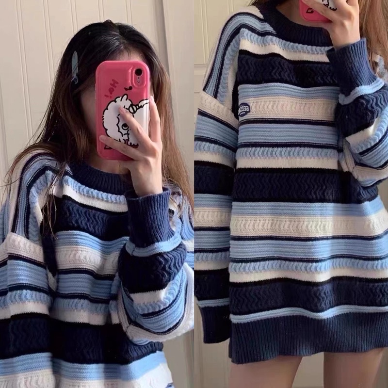 Áo len cổ tròn oversize màu xanh tương phản nổi bật form rộng dáng dài phong cách cá tính thu đông