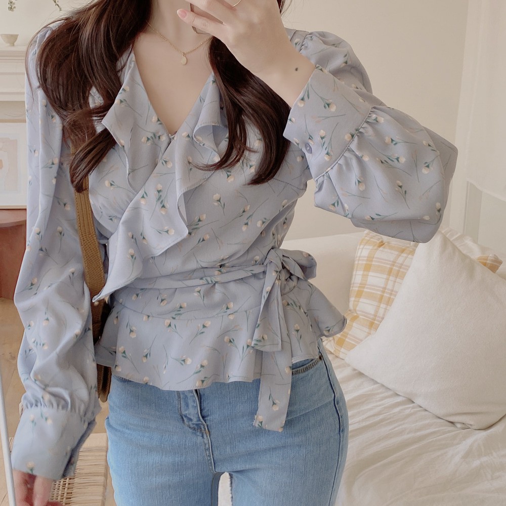 Áo Chiffon Một Mảnh Tay Dài In Họa Tiết Hoa Phối Bèo Nhấn Eo Thời Trang 2020 Cho Bé Gái