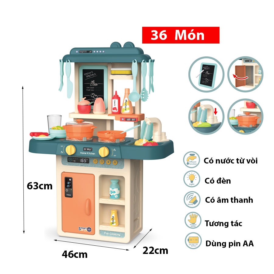 Bộ đồ chơi nấu ăn 36 món Kitchen Set vòi nước rửa và bếp nấu ăn như thật với nhiều dụng cụ chất liệu nhựa ABS