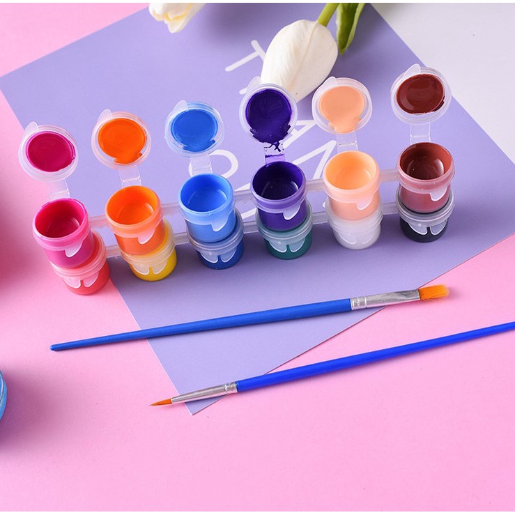 Bộ 12 Màu Vẽ Acrylic 5ML Kèm 2 Cọ Vẽ - Màu Acrylic Mini Vẽ Áo, Tô Tượng, Vẽ 3D, Giày, Thủy Tinh, Gỗ