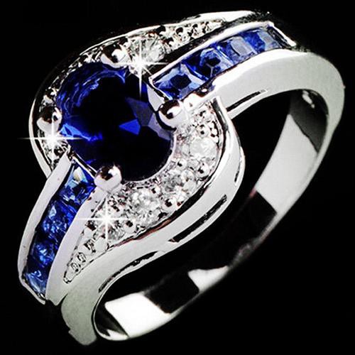 Nhẫn đeo tay kim loại đính kim cương giả màu xanh dương thanh lịch cho nữ