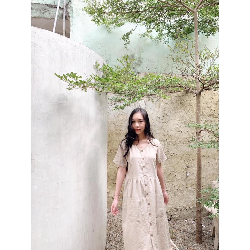 Đầm linen tưng vintage 2 túi