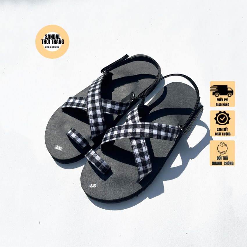 Dép sandal nữ xỏ ngón, SANDALTHOITRANG Giày quai hậu nữ đi học A24 caro trắng đen full size 30-44