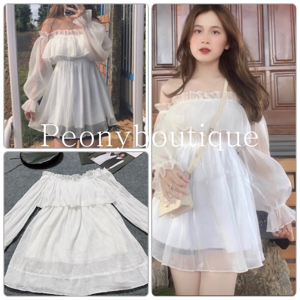 Áo Trễ Vai Trắng Dáng Váy PEONYB Nữ [FREESHIP]  Thun kiểu dài tay bồng oversize, form rộng phối viền bèo tiểu thư