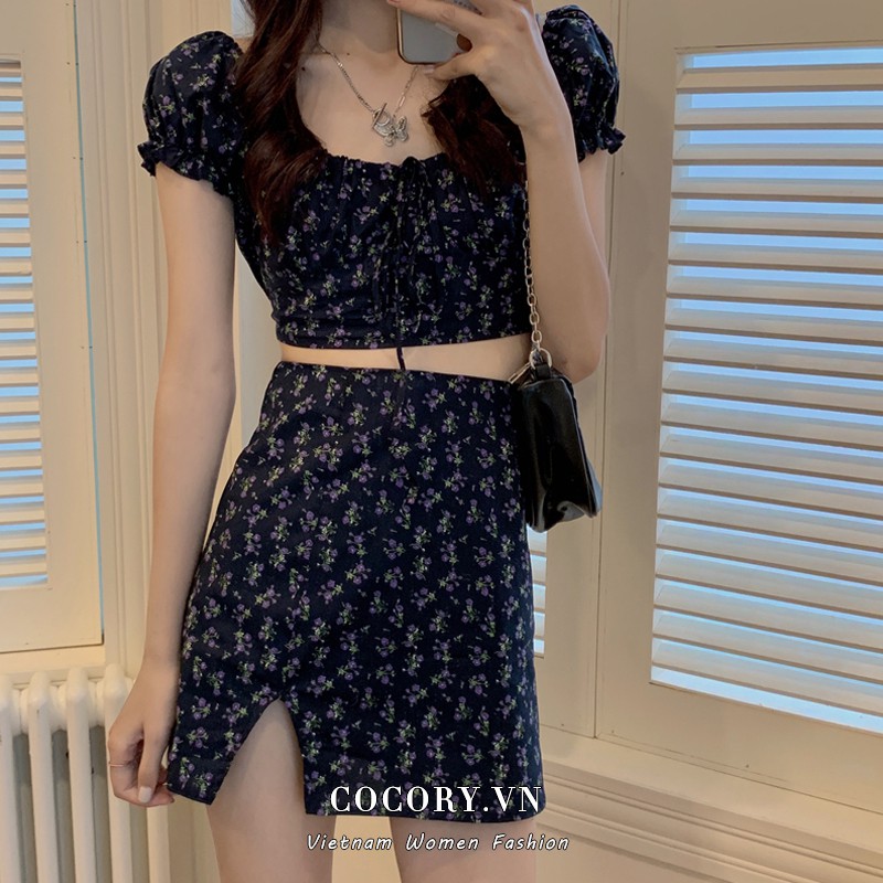 Set Áo Croptop Tay Phồng + Chân Váy Lưng Cao Xẻ Tà Phong Cách Quyến Rũ | BigBuy360 - bigbuy360.vn