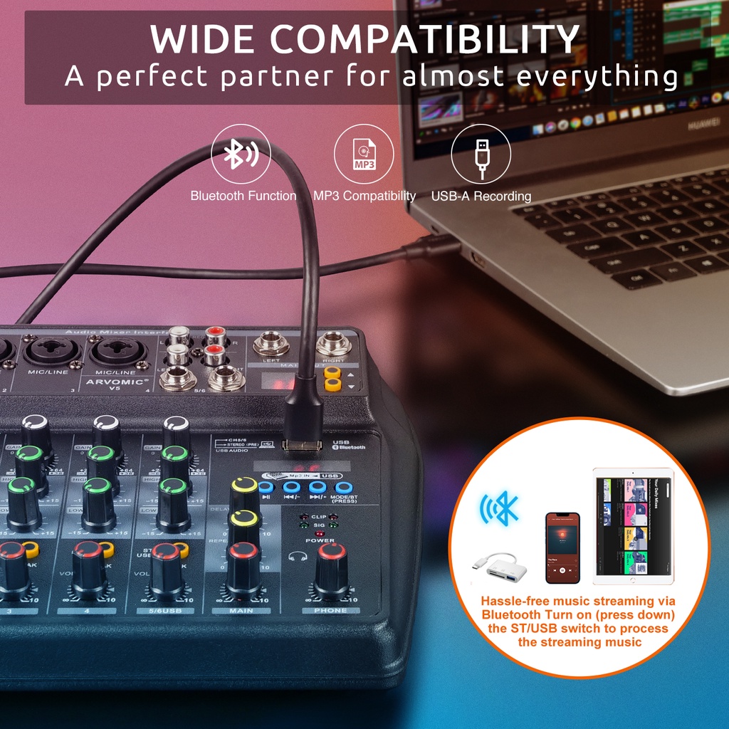 Bộ Thiết Bị Điều Hợp Âm Thanh 6 Kênh  Giao Diện USB& Bluetooth Có 16 DSP Echo 48V Phantom Và Phụ Kiện