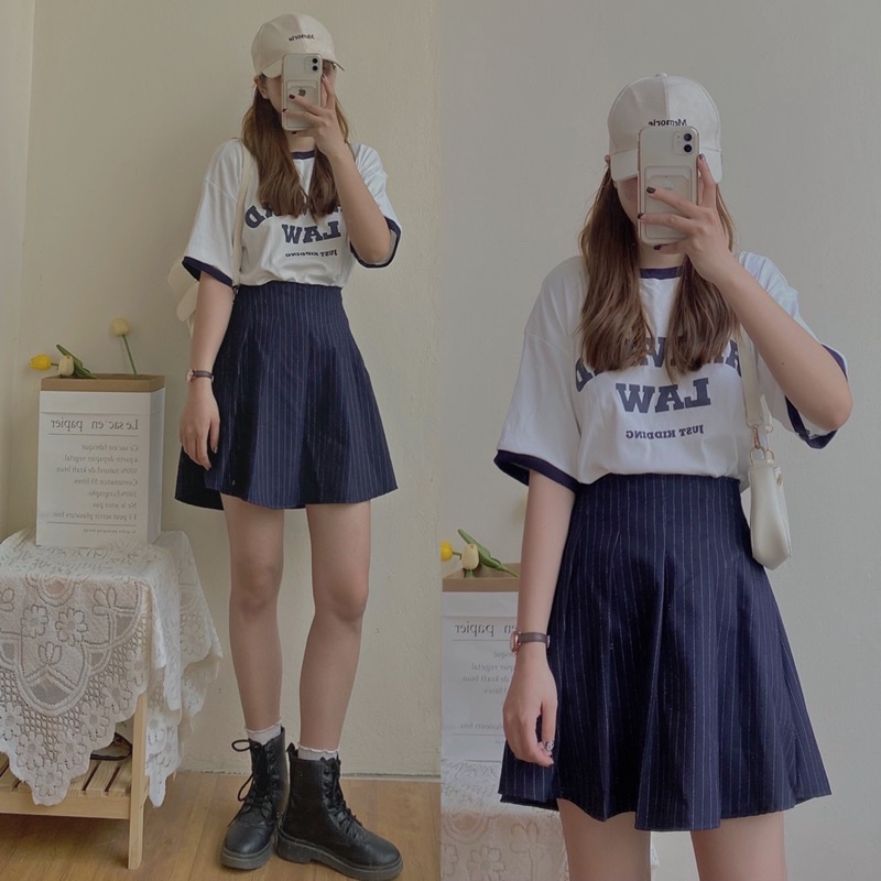Set áo Harvard mix chân váy xoè