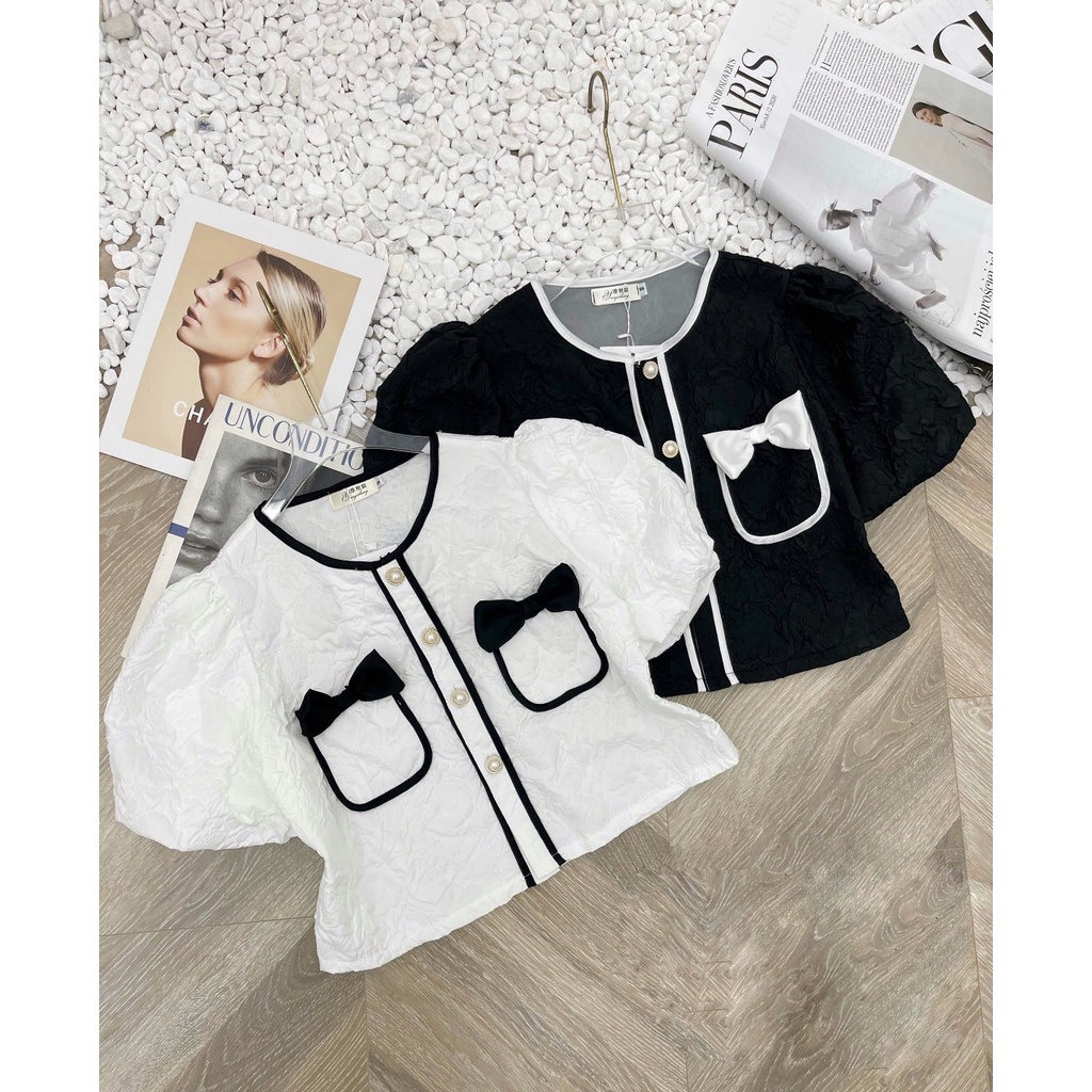 Áo Sơ Mi Nơ Túi Chất Gấm Xốp Ulzzang 2 Màu Đen Trắng