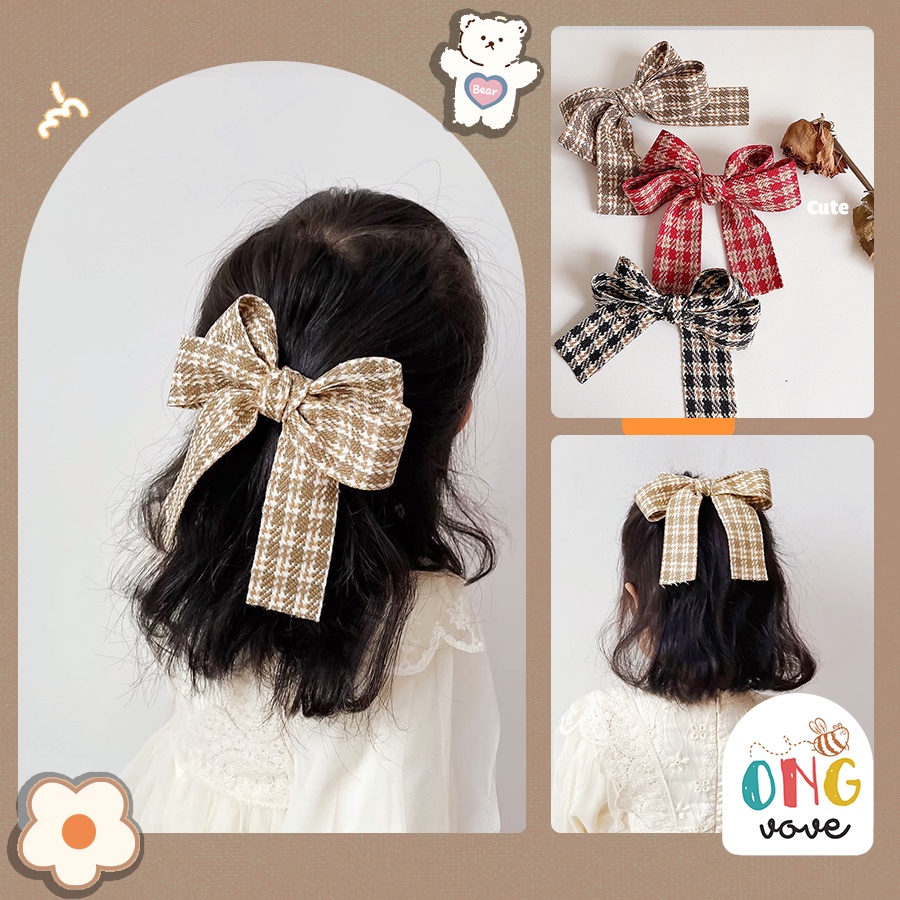 Kẹp houndstooth kẻ nơ bản to cho nữ, cặp tóc kẻ bé gái nơ xinh xắn bản to Ongvove KHS2