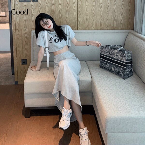 Set Áo Croptop In Chữ Và Chân Váy Xẻ Thời Trang Nữ Rose Fashion