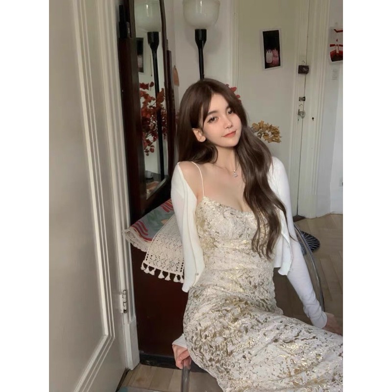 Set áo 2 dây body sang chảnh+ chân váy dài in chìm + cardigan