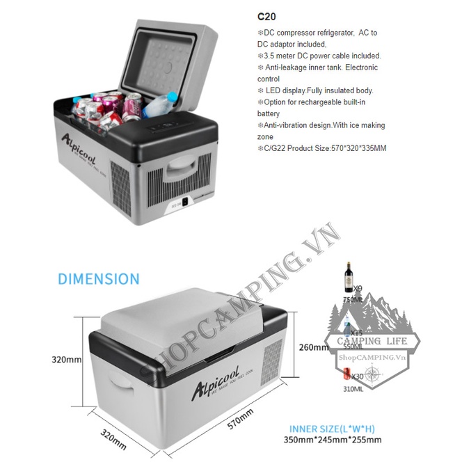 [CHÍNH HÃNG Hàng link Order] Tủ lạnh C20 20Lít Alpicool (đầy đủ phụ kiện có app điều khiển qua điện thoại)