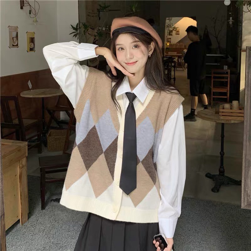 Áo len gile áo len nữ cổ V họa tiết caro phong cách Hàn Quốc chuẩn Hàng Quảng Châu dày dặn loại 1 | BigBuy360 - bigbuy360.vn