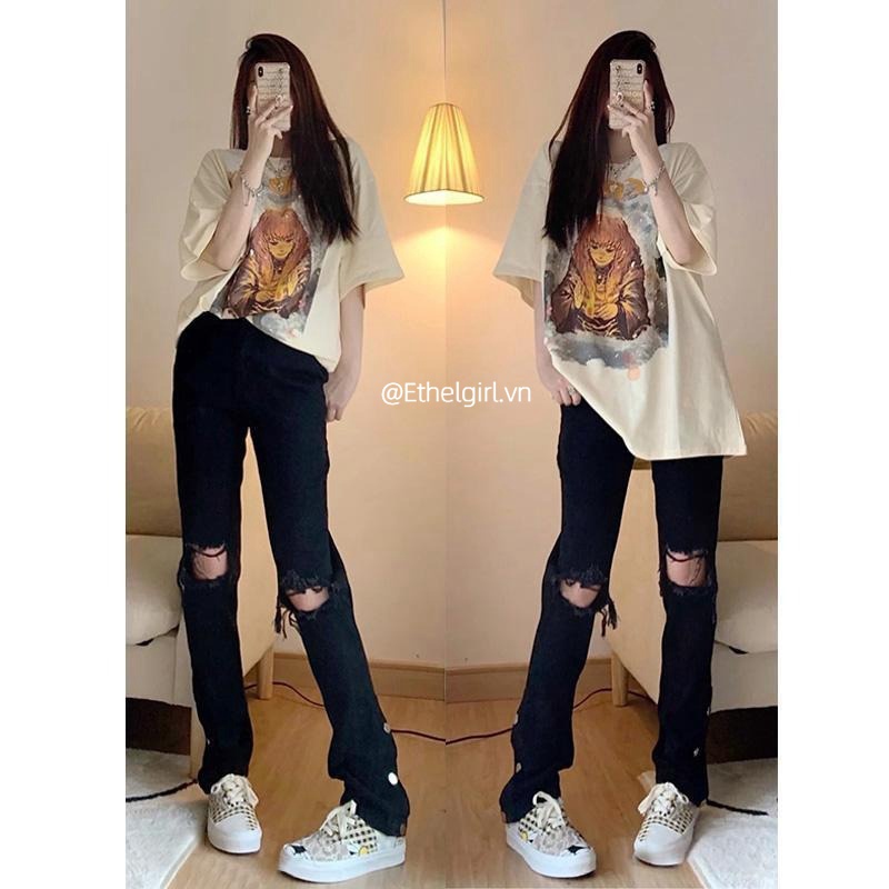✻♘Quần jean ống suông gấu xẻ gài khuy màu đen thiết kế rách lỗ phong cách đường phố cổ điển thời trang Mỹ dành cho nữ