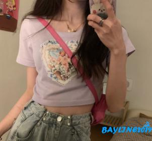 Áo Croptop Tay Ngắn In Hình Thiên Thần Xinh Xắn Cho Nữ