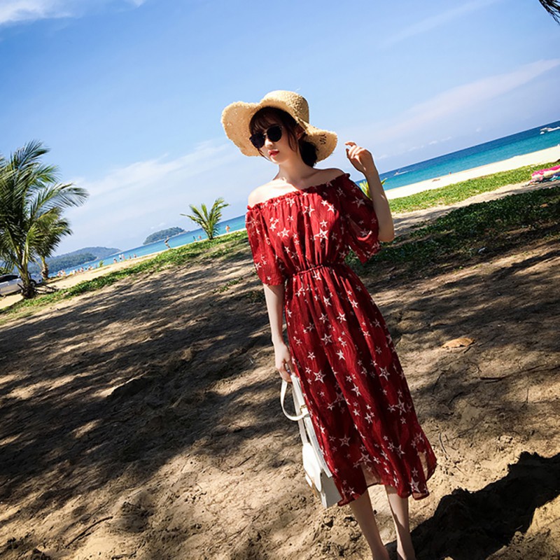 Đầm trễ vai chất Chiffon màu đỏ thiết kế thanh lịch cho phái nữ