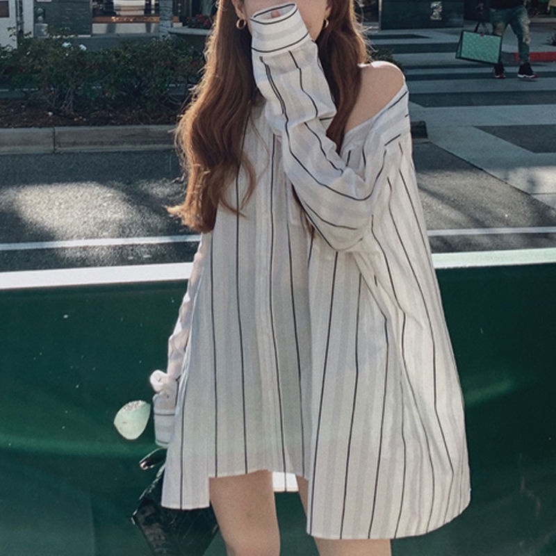 Áo sơ mi tay dài xẻ vai chống nắng vải mỏng thời trang mùa hè