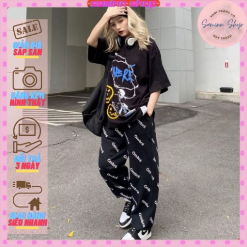 Set bộ ome SAMINN Close dáng rộng unisex , Màu Đen, áo tay lỡ, quần ống rộng in chữ nét căng hot hit SS212