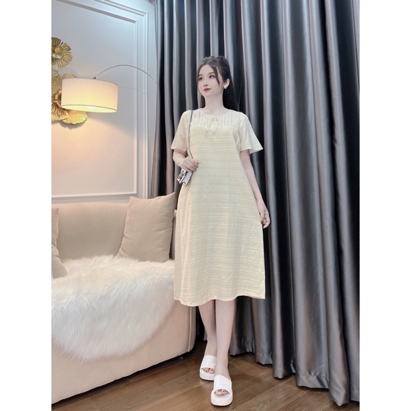 Váy đầm bầu mùa hè công sở tay bèo tay bồng dáng xuông tới 65kg
