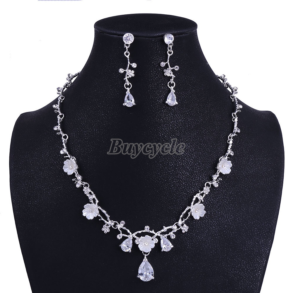 Bộ Vòng cổ Và Khuyên Tai Cô Dâu Đính Đá Zircon Hình Hoa Trắng