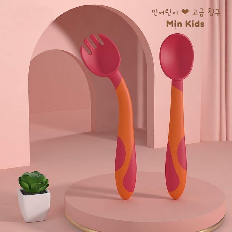 Bộ thìa dĩa Misuta bẻ cong, thìa tập ăn tập xúc cho bé MỊN KIDS, chất liệu Silicon cao cấp
