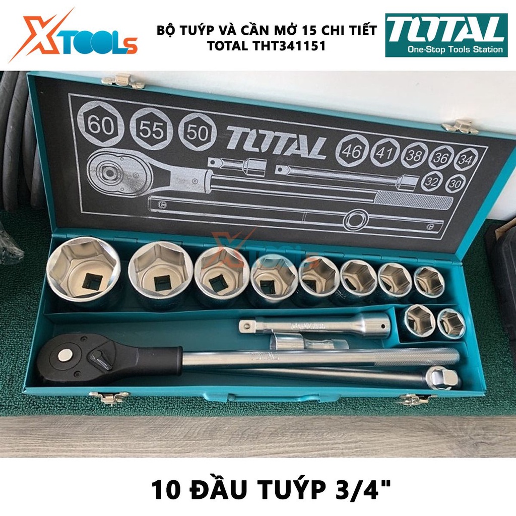 Bộ tuýp và cần mở 15 chi tiết TOTAL THT341151 | Bộ 15 tuýp size 30-32-34-36-38-41-46-50-55-60mm [CHÍNH HÃNG] [XTOOLs]