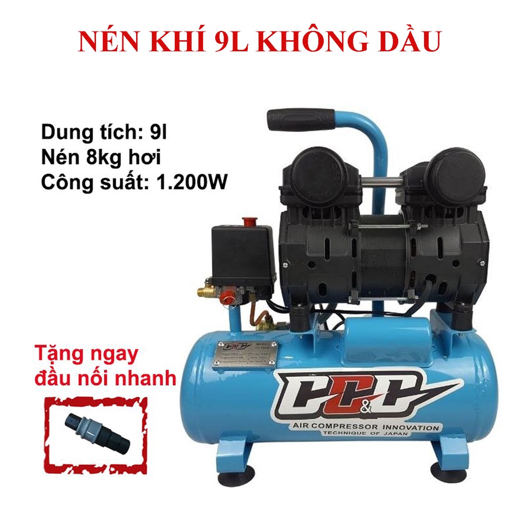 Máy nén khí không dầu 9L -1200w -nén 8kg - Tự động nạp ngắt khí - Tốc độ nạp khí siêu nhanh