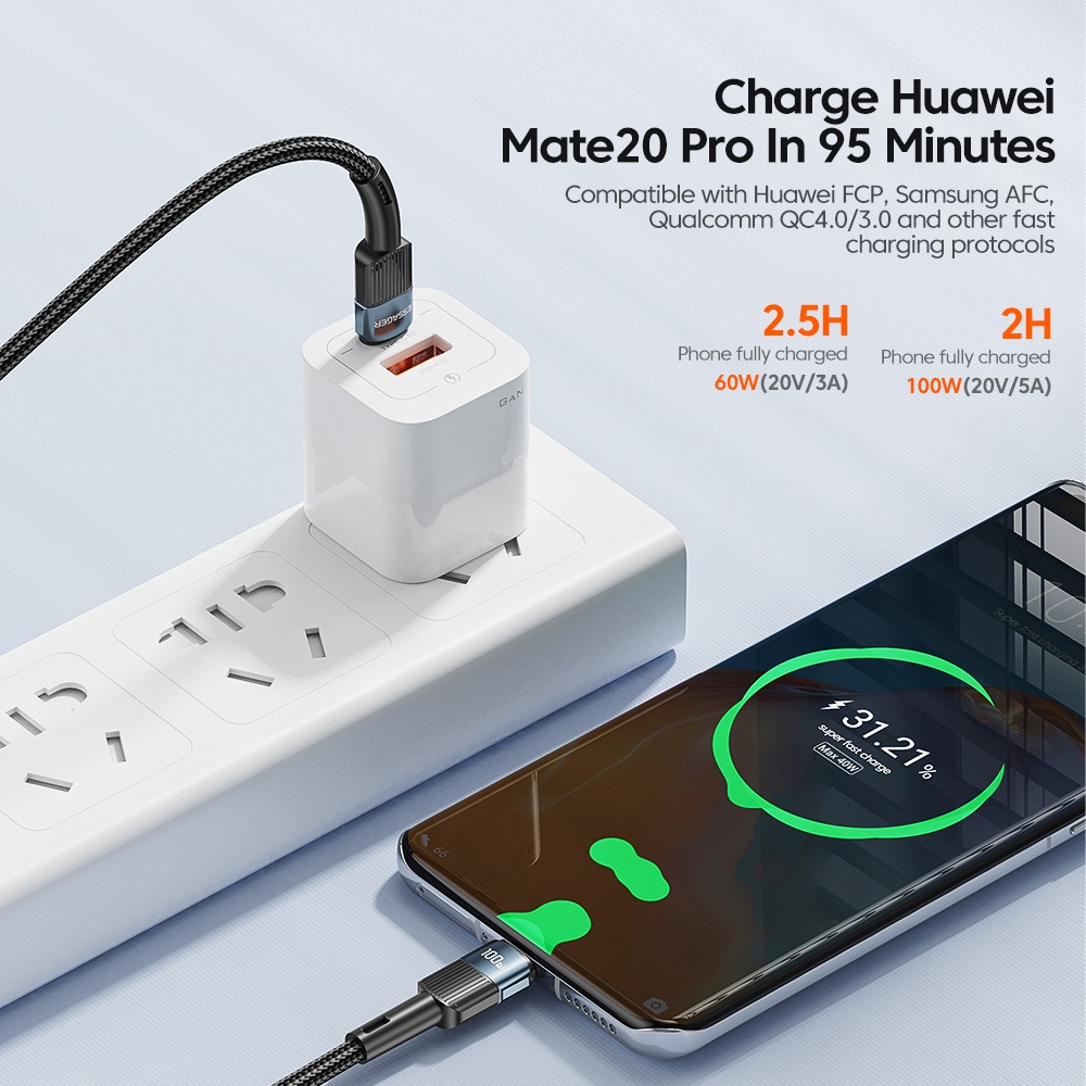 Dây cáp sạc nhanh Essager USB C QC 4.0 5A 100W cho điện thoại Android Huawei