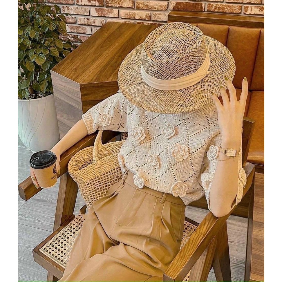 Áo croptop len sợi đính hoa 3d hàng loại 1