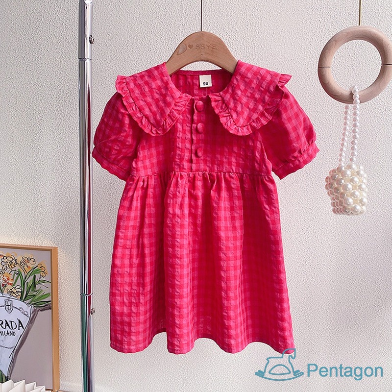 Đầm Công Chúa Tay Phồng In Họa Tiết Caro Dễ Thương Phong Cách Hàn Quốc Thời Trang Mùa Hè Cho Bé Gái