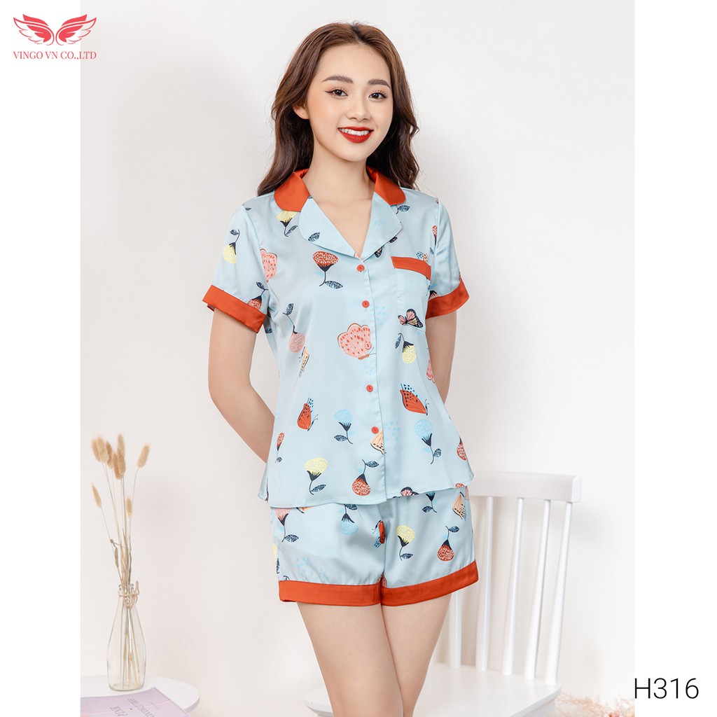 Bộ đồ ngủ nữ Pyjama VINGO lụa Pháp cao cấp mặc nhà mặc ngủ tay ngắn quần ngắn cộc họa tiết cánh hoa Vingo mã H316 VNGO