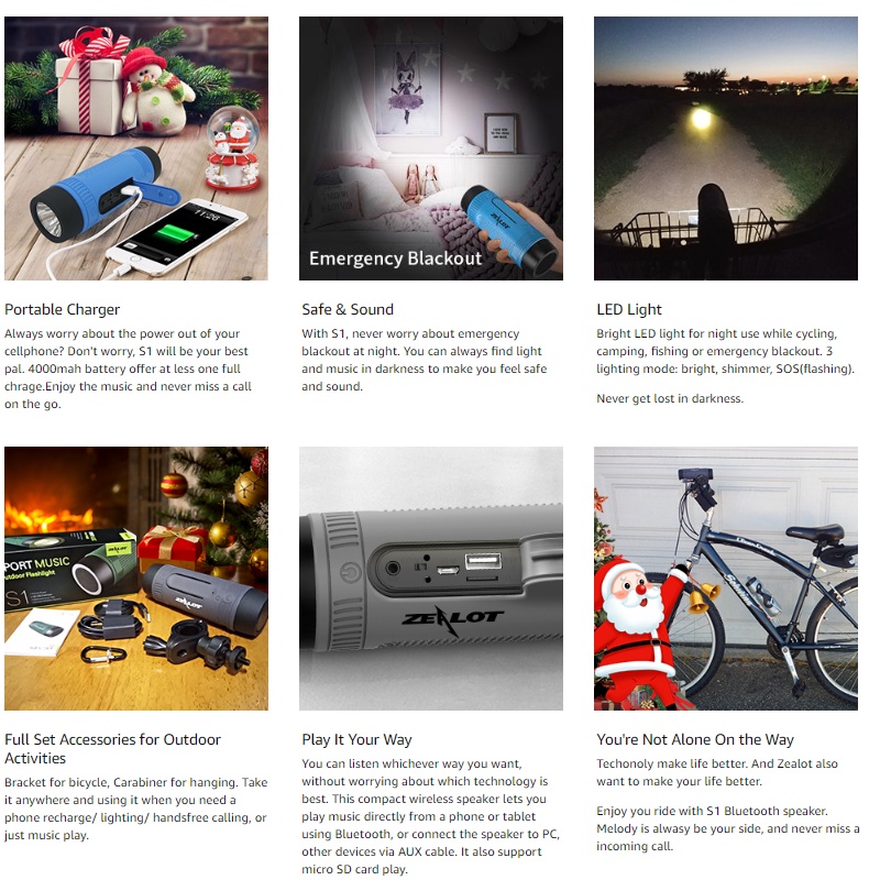 Bộ Loa Bluetooth Zealot S1 Có Đèn Pin Và Ngăn Đựng Thẻ Nhớ TF