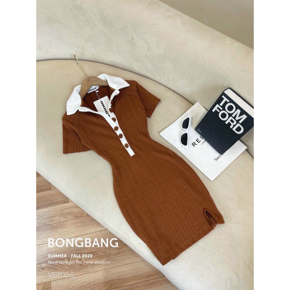 đầm body gân xương cá kiểu cổ bẻ phối nút