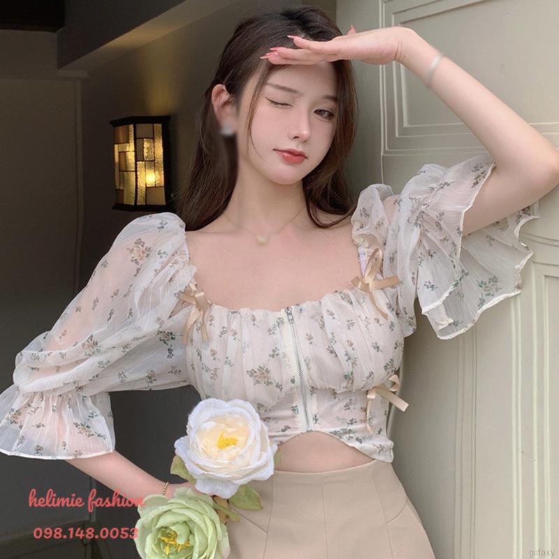 Áo croptop vải voan tay phồng cổ vuông in hoa kiểu Hàn Quốc xinh xắn cho nữ